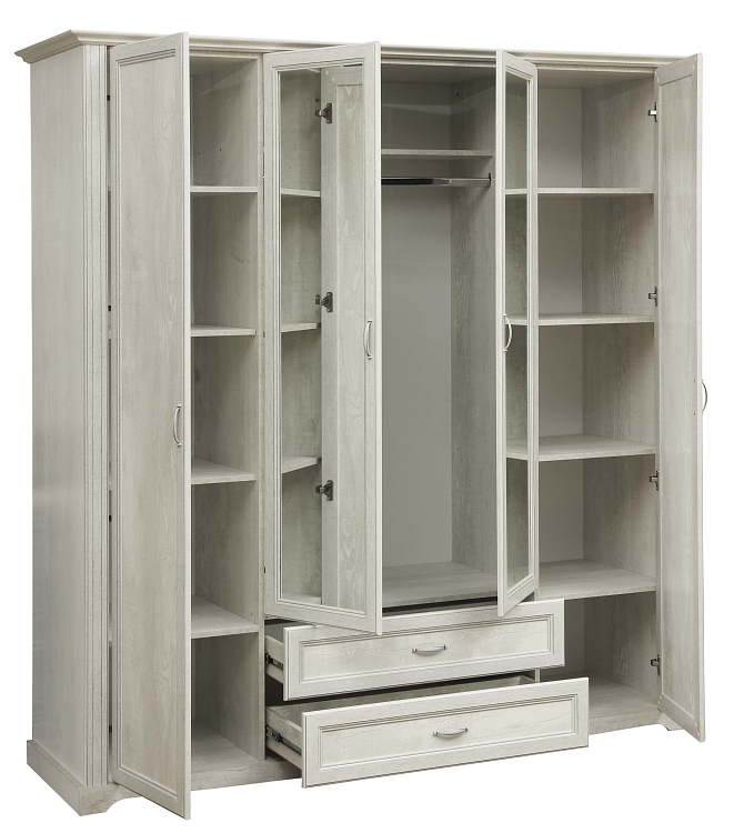 Шкаф для одежды 32.01 Сохо (4-х дв.) с зеркалом New бетон пайн белый/профиль бетон пайн белый патина/ДВПО белый/зеркало